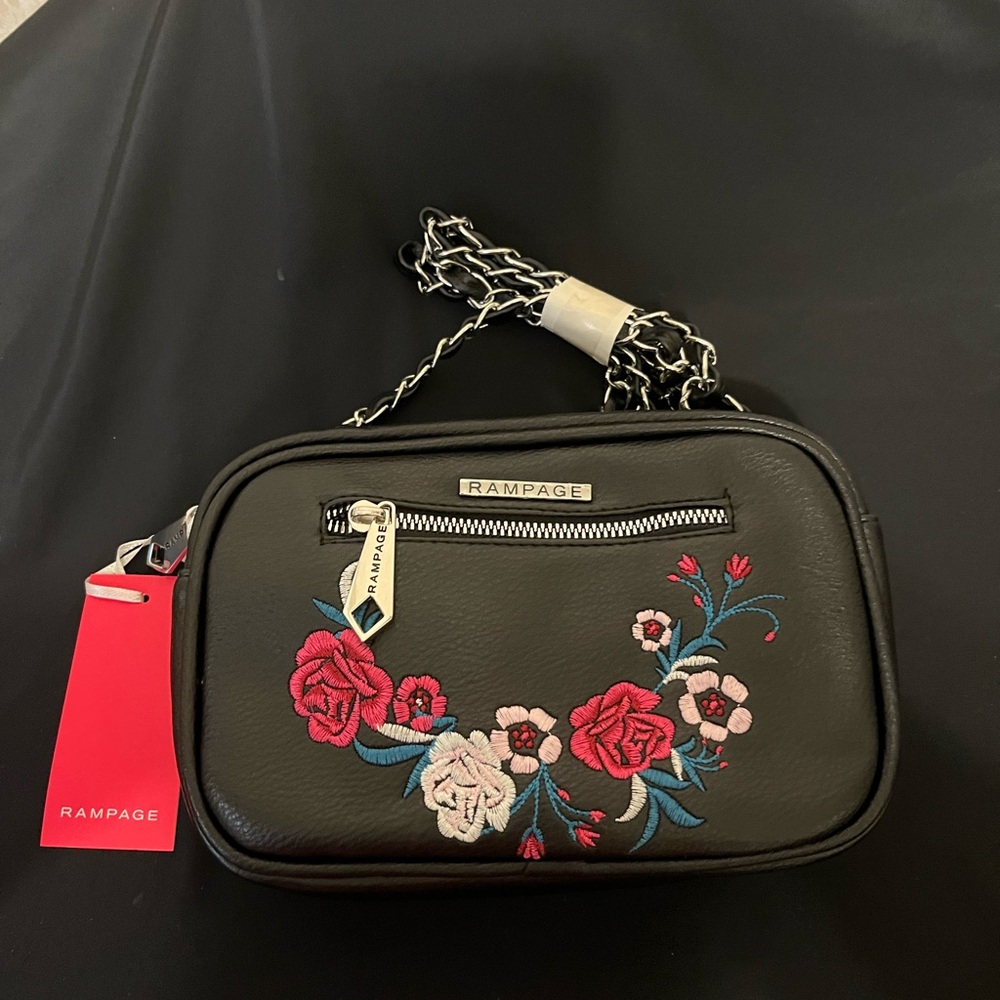 Rampage Black Crossbody Bag with Colorful Floral Design